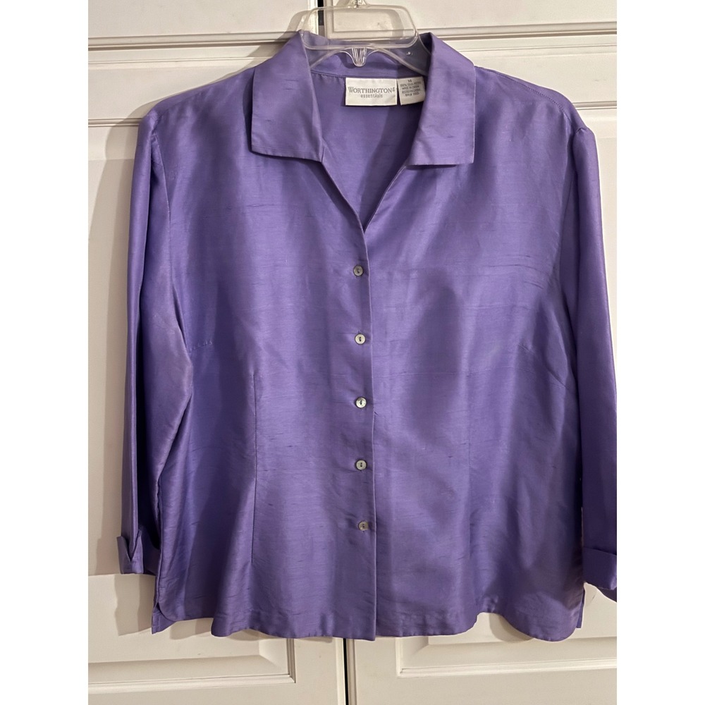 Worthington Essentials Purple 100% Silk Button Down Blouse Size 14 3/4 Sleeve